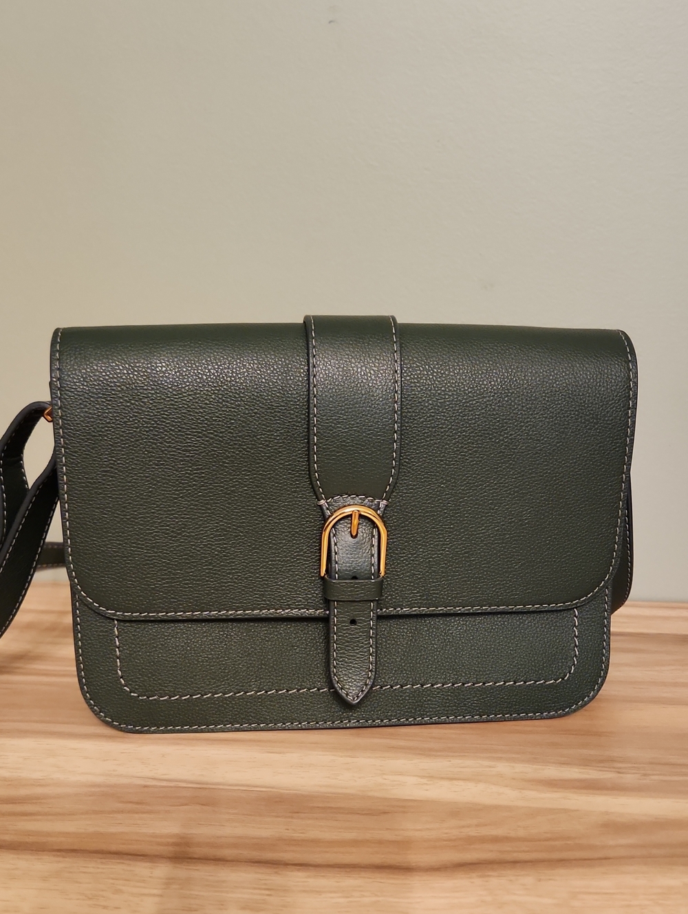 Fossil Dark Green Leather Crossbody with Gold Buckle